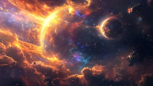 Dual planets within nebular plasma, high-saturation cosmic lighting