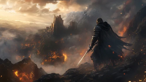 Armored swordsman overlooking burning citadel at dusk
