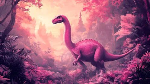 Pink sauropod dinosaur stands in dense stylized jungle habitat