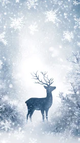 Silhouetted stag in ethereal snow-laden winter forest scene.