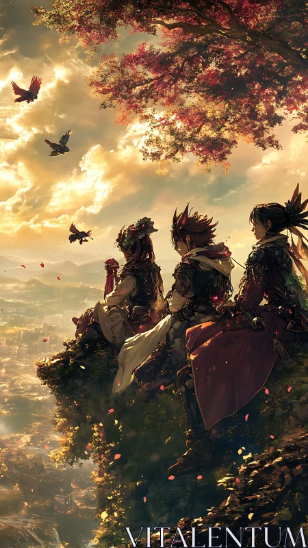 Sunset expedition party overlooks a sprawling valley city.