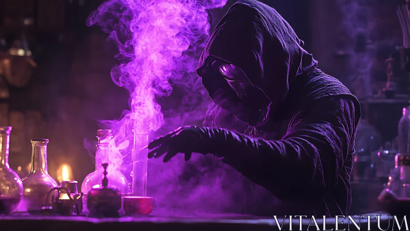 Hooded figure conducts laboratory procedure amid purple vapor