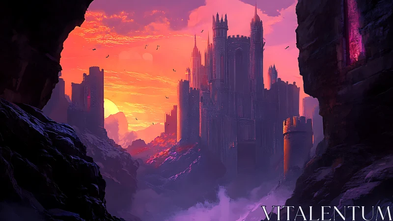 Crimson sunset wraps a towering fantasy cliffside castle