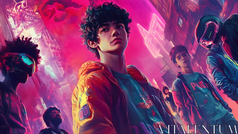 Neon youth collective in cyberpunk city alley at night.