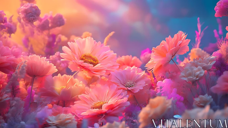 Luminescent Floral Gradient: Pink Gerberas Against Radiant Sunset Backdrop