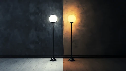 Twin standing orbs quietly rehearse light and shadow theatre