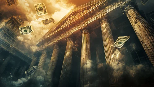 Classical columns stand beneath drifting banknotes in smoke
