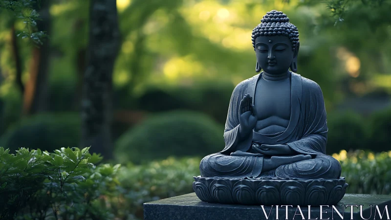 Garden Buddha in emerald hush, stone still and listening.