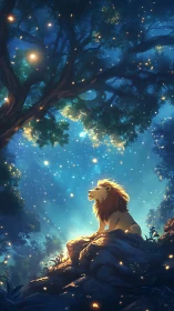 Starlit lion listens to the forest hum beneath glowing skies