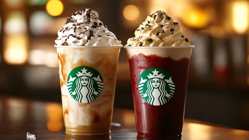 Two Starbucks frappuccino drinks stand on a reflective counter