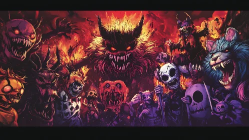 Nightmare creature horde amid raging inferno backdrop.