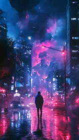 Solitary pedestrian walks through neon-lit rainy city street