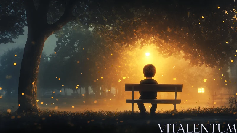 Child watches glowing sunset in misty firefly filled park