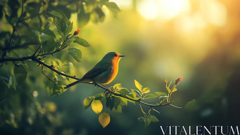 Robin on Branch in Soft Sunrise Light, Nature Photography.