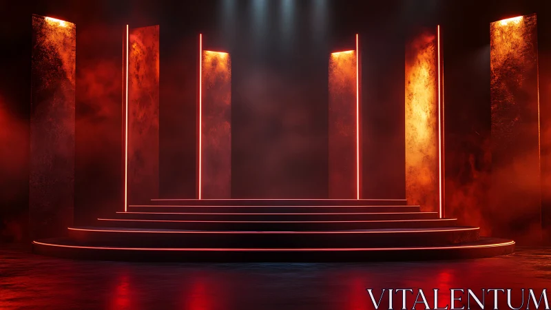 Luminous red stage glows amid towering neon pillars of light.