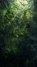 Mossy stone texture under dappled green forest light.