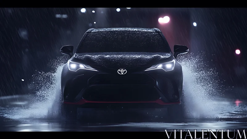 Sleek black Toyota carving bold paths through midnight rain.