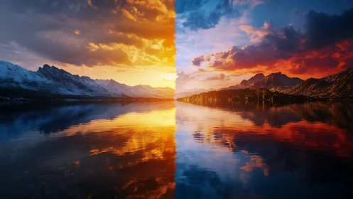 Split sunset and sunrise over mirrored mountain lake scene.