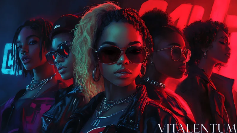 Neon-lit urban girl squad in cinematic red blue contrast.