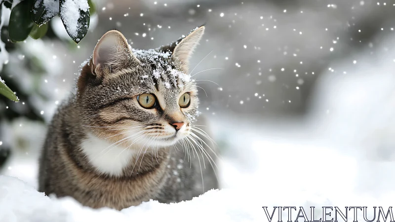 Tabby Cat in Snow with Crystalline Particles Falling