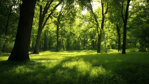 Sunlit Forest Grove with Mature Trees and Grass Clearing