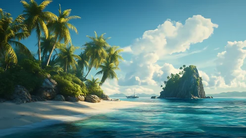 Tropical Island Paradise with Sailboat and Rock Formation.