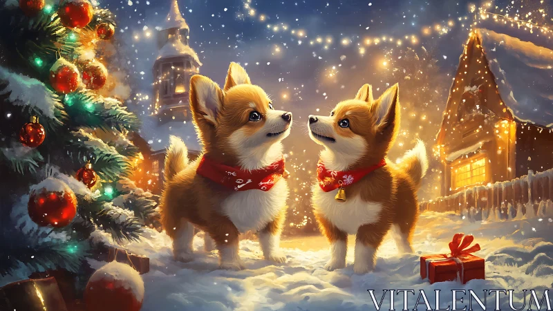 Twin corgi puppies in illuminated snowy Christmas courtyard scene