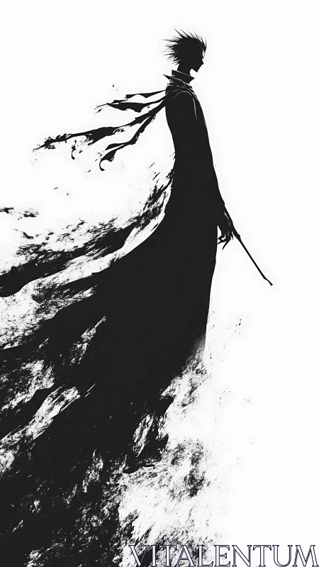 Skeletal swordsman silhouette dissolves into abstract black dust