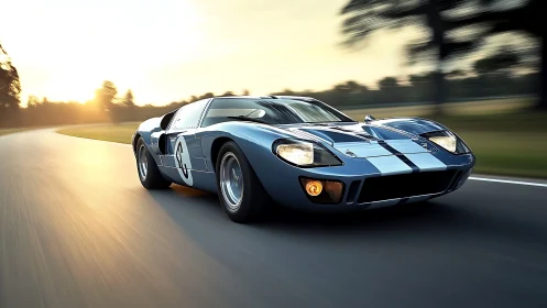 Low-angle panning study of blue race car on sunlit circuit