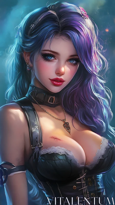 Violet haired warrior woman poses under ethereal teal light