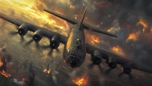 Heavy bomber over incendiary cloudscape in combat descent.