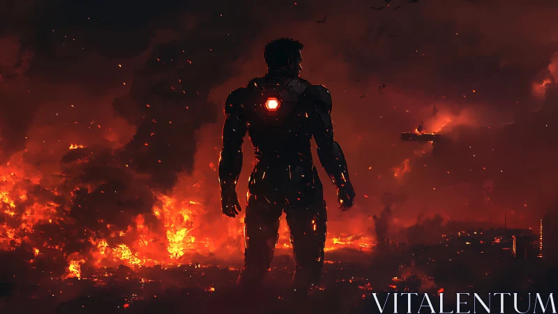 Armored sentinel surveys a burning city of collapsing dusk.