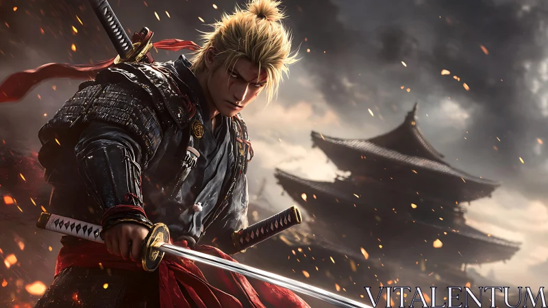 Stoic samurai warrior stands guard before stormy temple skies