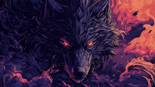 Digital painting of demonic wolf head framed by infernal clouds.