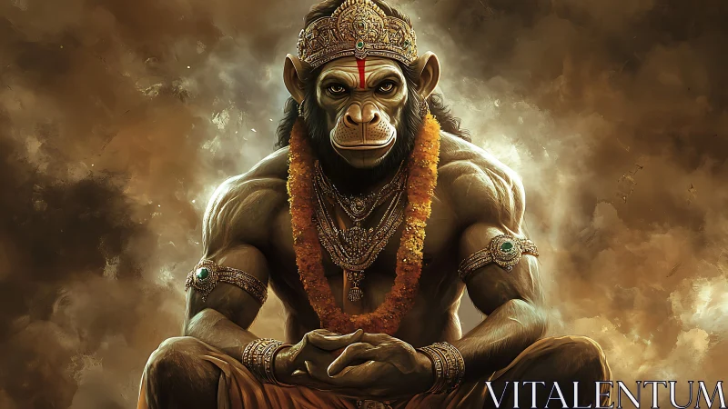 Muscular humanoid monkey deity sits in ornate golden attire