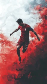 Crimson striker leaping from storm clouds of painted fire.