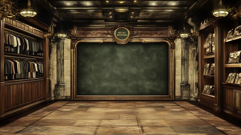 Vintage boutique interior frames central empty chalkboard.