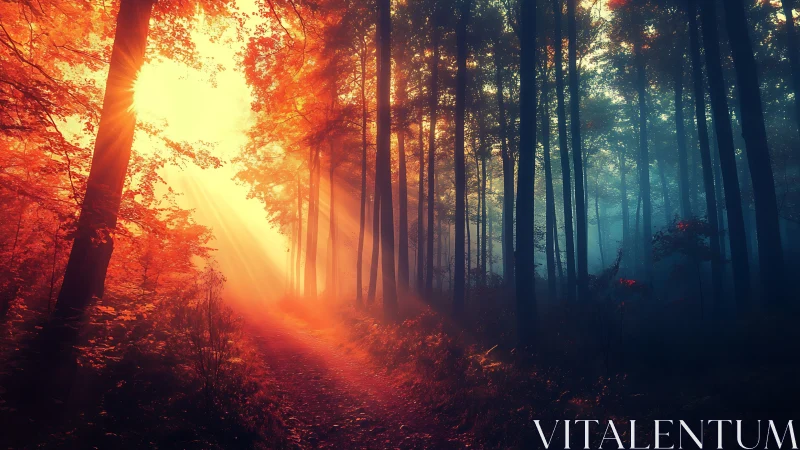 Forest path illuminated by low solar position through tall trees