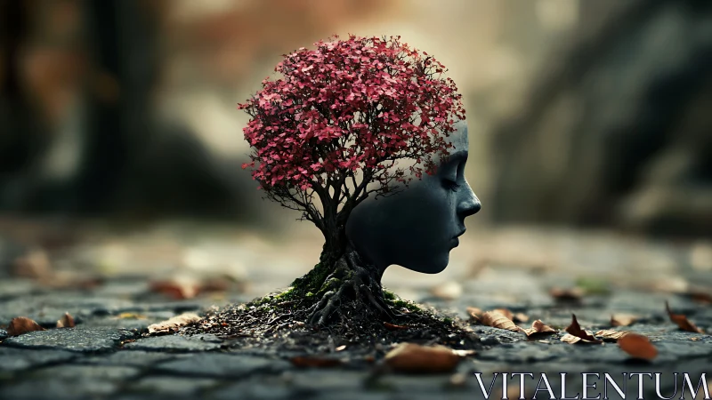 Quiet stone face blooming into a tiny autumn dream tree.