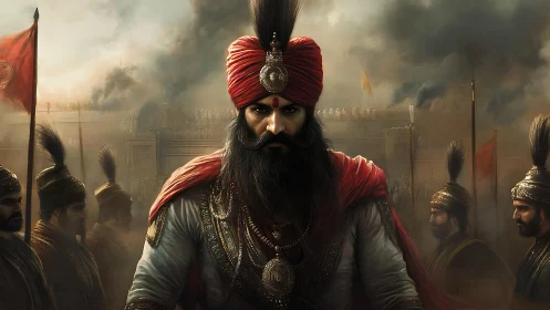 Warrior prince in ornate turban before smoke-filled battlefield.