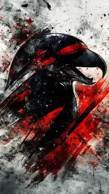 Razor-edged raven profile in explosive red abstraction.