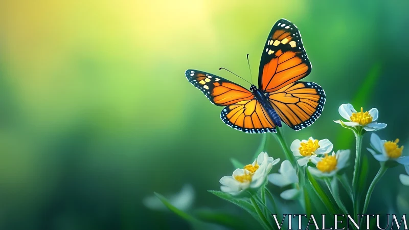 Monarch drifts like sunrise over dew-bright garden blooms