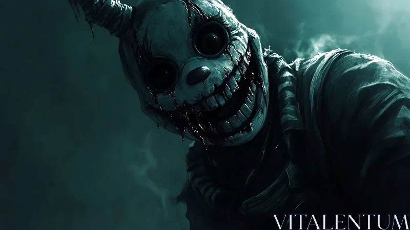 Grinning skeletal mask figure in dark teal atmospheric scene.
