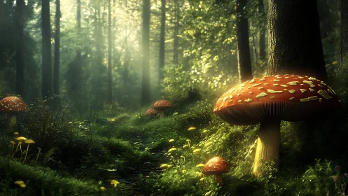 Enchanted Forest Mushroom Clearing in Golden Sunlight.