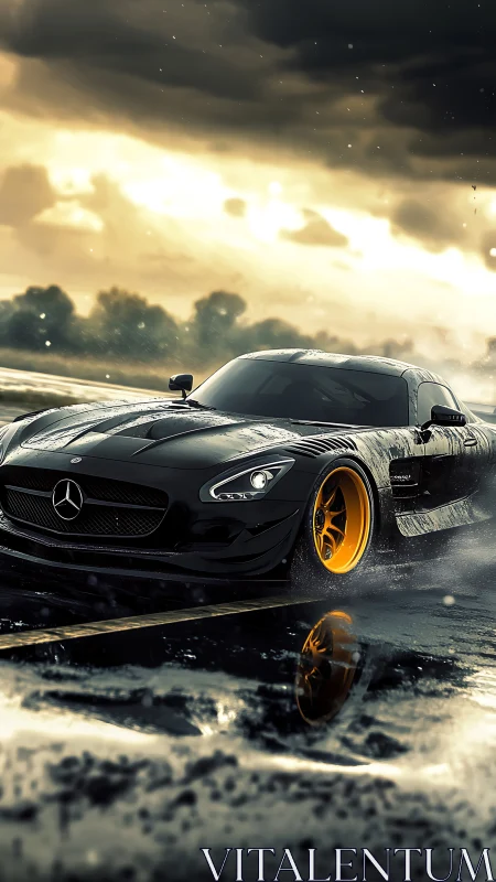 Midnight-black supercar chasing light on a wet runway.