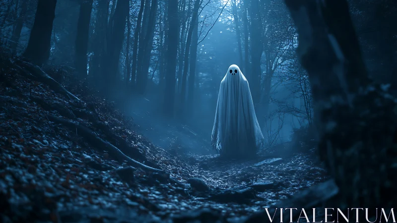 Playful little ghost wandering through a moonlit forest.