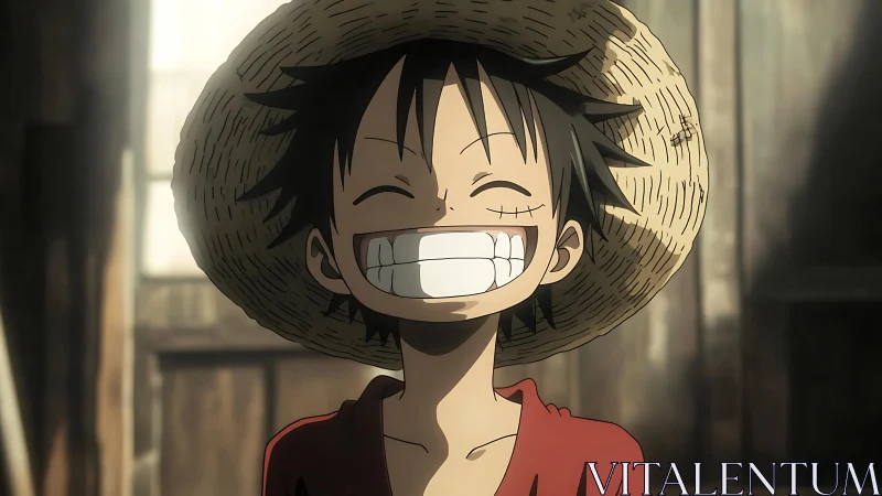 Smiling boy with straw hat stands in soft backlit interior