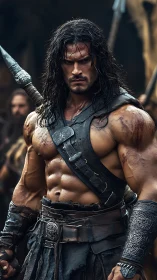 Battle-hardened warrior in leather armor, muscular and scarred.