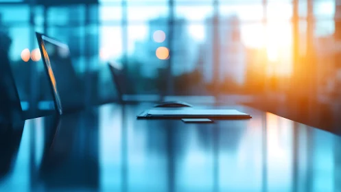 Photorealistic corporate boardroom table at sunrise focus.