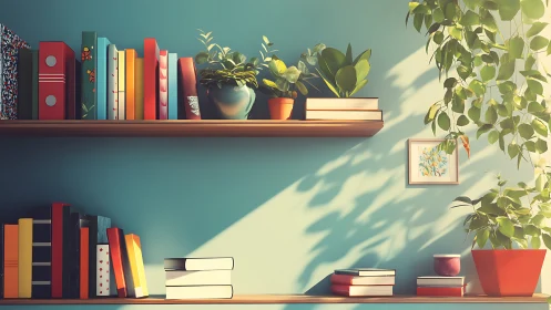 Sunlit wall shelves with books and cascading green plants.